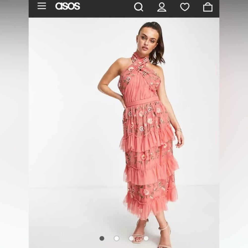 ASOS Little Mistress Coral Embroidered Midi  Tulle Dress